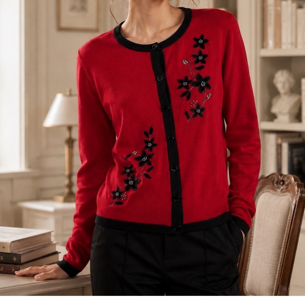 Vtg Norm Thompson Cardigan Sweater Red Black Floral Bead Dark Academia Granny M